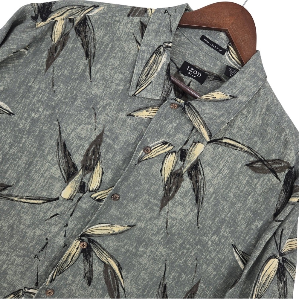 IZOD XL Short Sleeve Button Up Shirt Mens Grey Silk Linen Bamboo Leaf Print